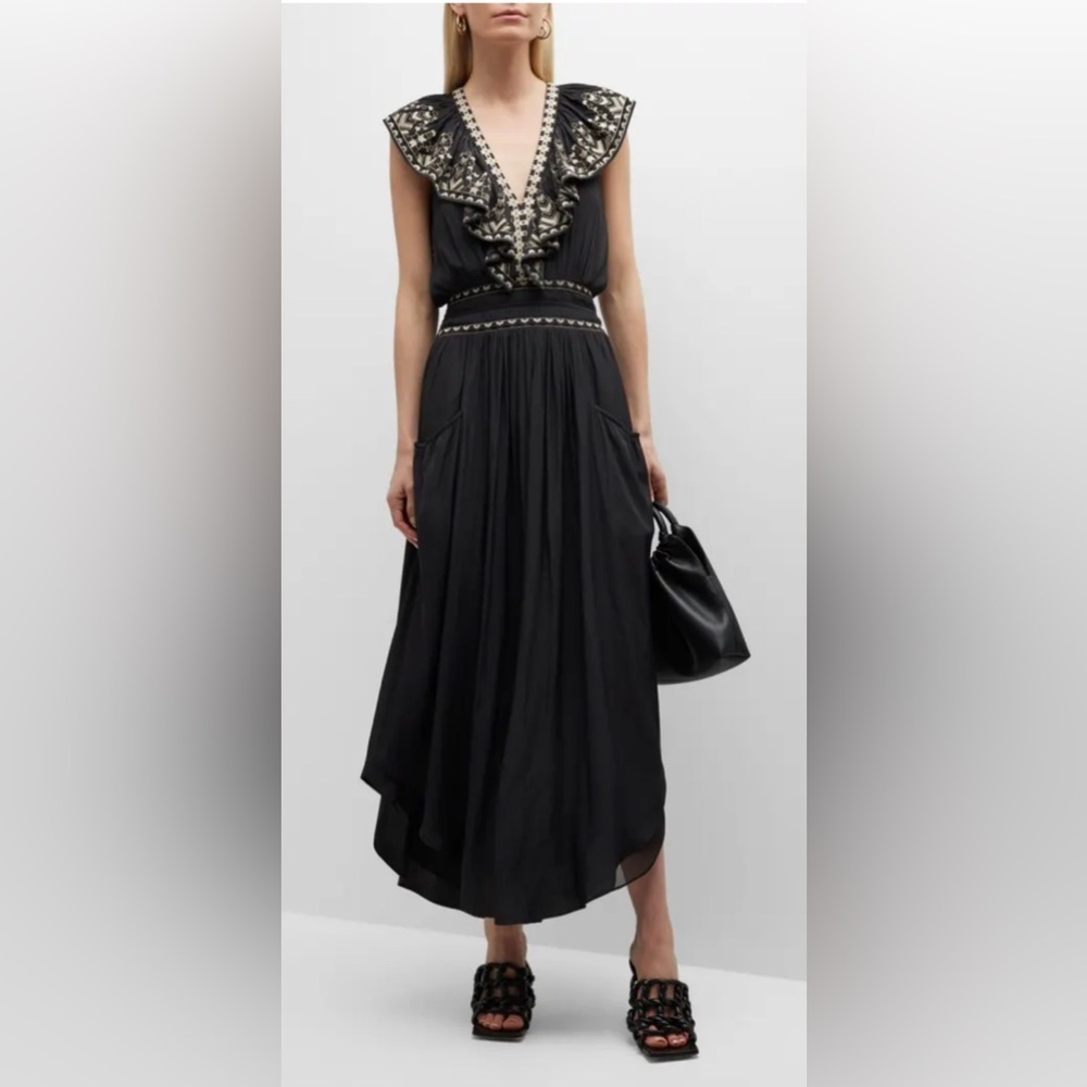 Ramy Brook Camden Embroidered Maxi Dress Size S Black Gold Pockets Smocked